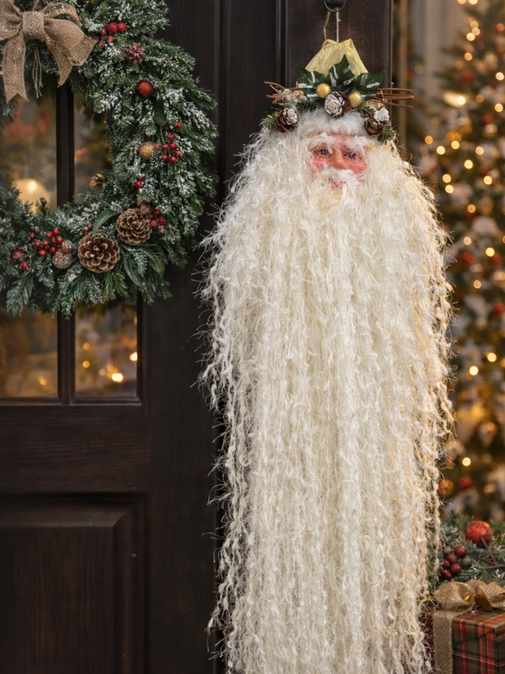 Father Christmas Door Hanging 36” Long White Beard Rustic Woodland Holiday Decor